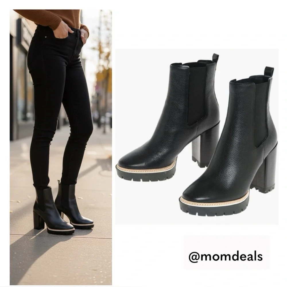 New Tory Burch Black Genuine Leather Chelsea Pull On Heeled Boot Rugged Sole 8